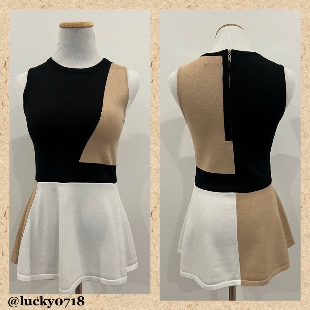 Torn by Ronny Kobo Tan, White & Black Sleeveless Peplum Top Sz M